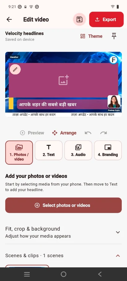 Breaking Studio editor with video preview, text, audio and branding controls